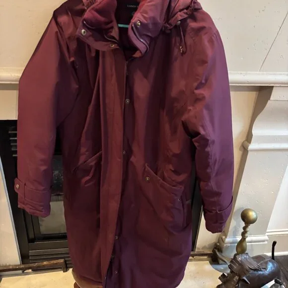 Lands End Women's Winter Long Jacket, L 14-16, Puffy Shell, Maroon - Picture 2 of 12